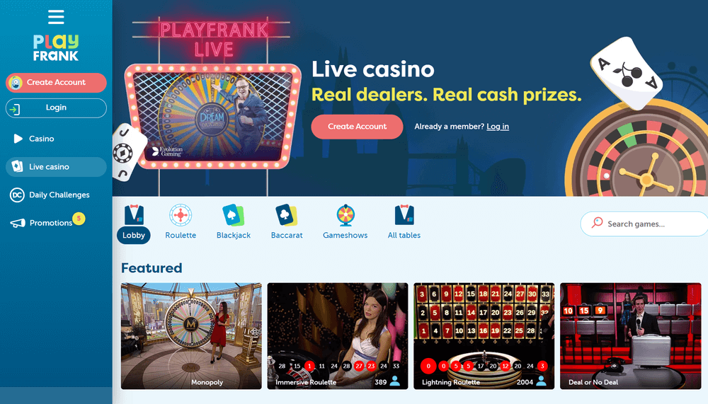 PlayFrank Casino Live Casino